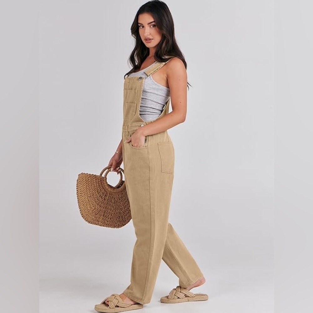 NEW Anrabess Small 4/6 Khaki Cross Back Design Denim Overalls - Picture 8 of 14